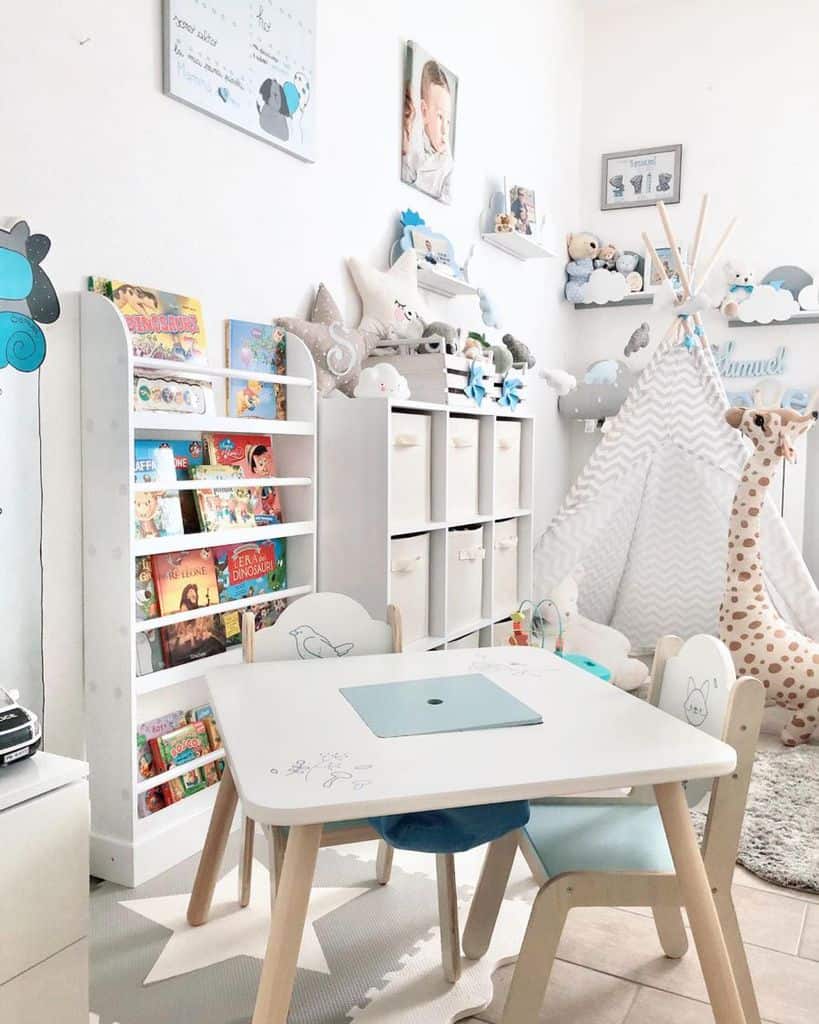 kids room with table chairs and bookshelf