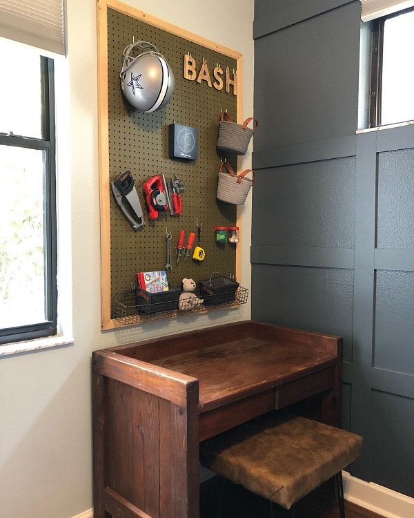 kids room green pegboard storage