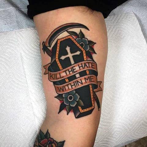 Kill The Hate Within Me Mens Old School Coffin Tattoos On Bicep