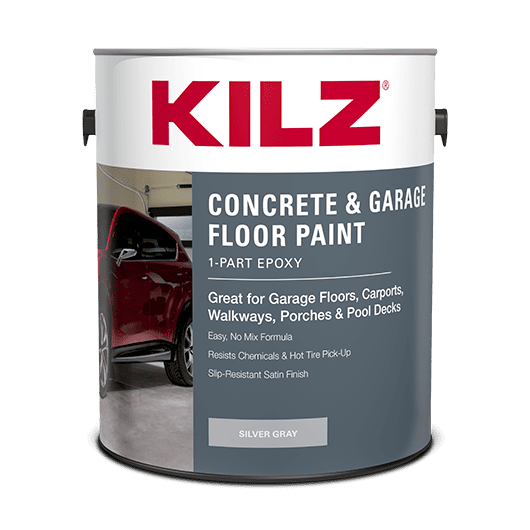 Kilz concrete and garage floor paint can with silver gray label.