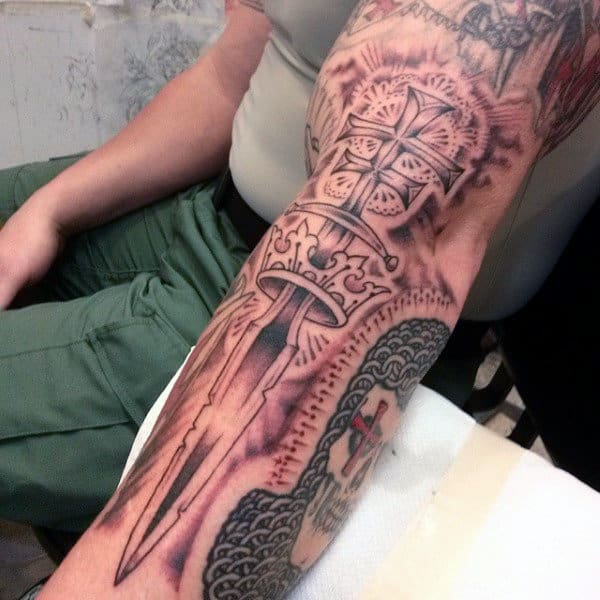King Crown Sword Cross Tattoo For Men