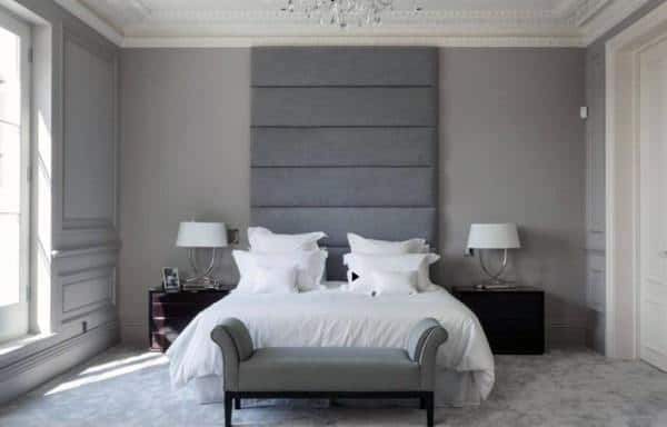 tall gray padded headboard ottoman white bed