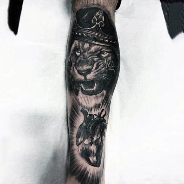King Lion With Anatomical Heart Mens Full Leg Sleeve Tatoos