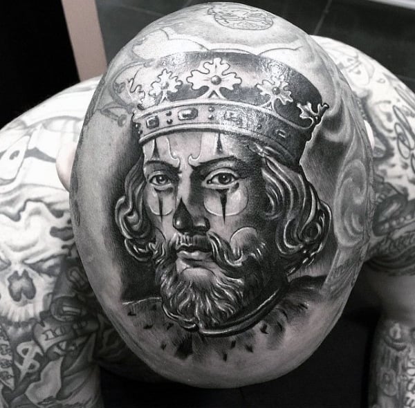 King With Bohemian Crown Tattoo On Head For Men