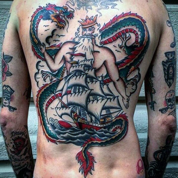 King With Sailing Ship And Dragon Male Back Tattoos