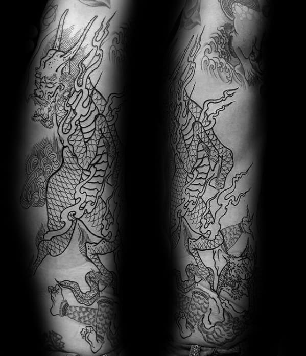 Black ink Kirin tattoo sleeve in outline style with flowing flames, detailed scales, and dynamic movement in a traditional Japanese design.