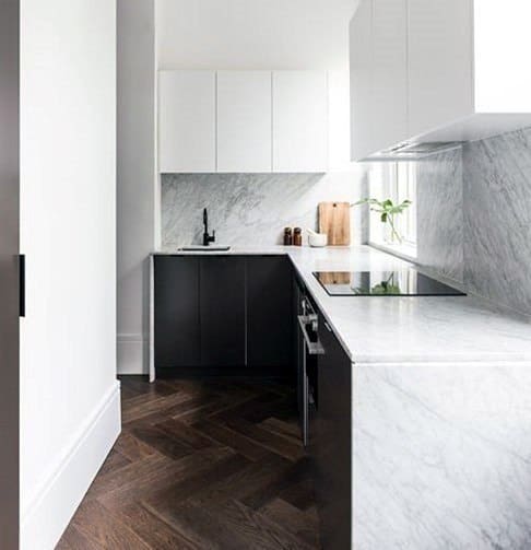 small l-shape marble kitchen in narrow space