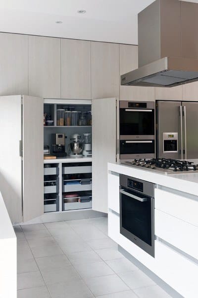 Modern kitchen with hidden pantry cabinets and sleek integrated appliances.