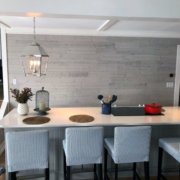 Kitchen Grey Wood Wall Ideas With White Coffered Ceiling And Quartz Countertops