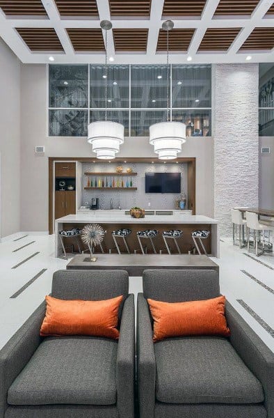 Modern lounge area with gray seating, orange cushions, a bar island with stools, and large pendant lights