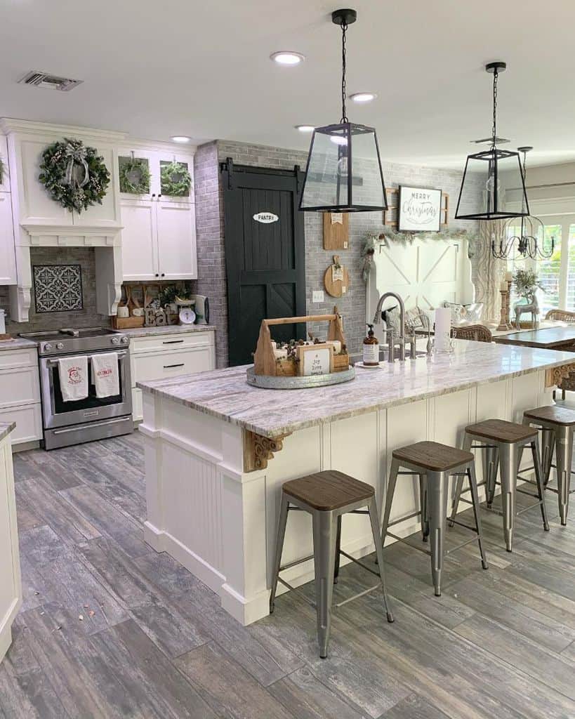 modern farmhouse kitchen with gray granite countertop island