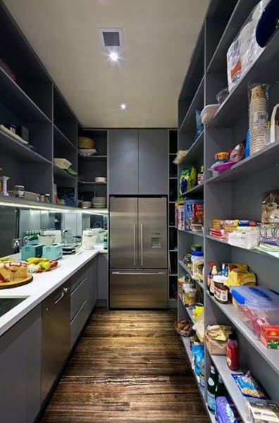 A modern galley-style kitchen pantry with grey open shelving, stainless steel appliances, and a sleek design.