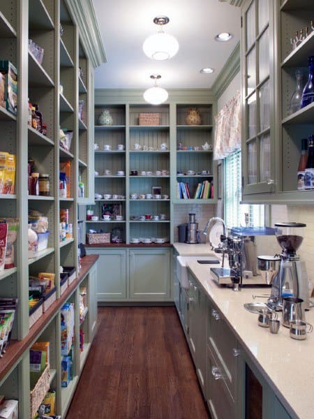 A classic farmhouse-style kitchen pantry with green cabinetry, open shelving, and a long countertop for appliances and storage.