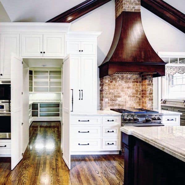 large kitchen pantry hidden door brick splashback