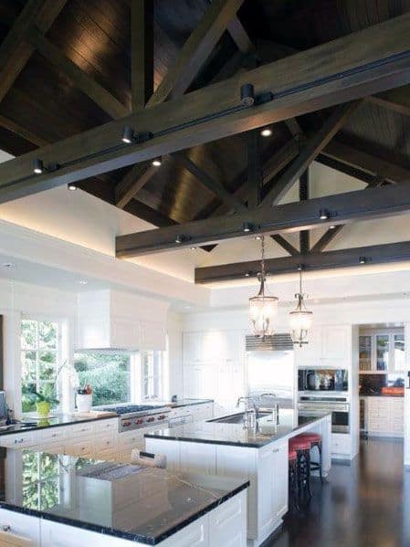 Kitchen With Vaulted Wood Beam Ceiling And Track Lighting Interior Ideas