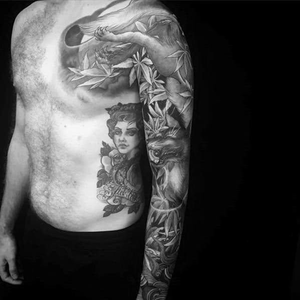 Kitsune Black And Grey Ink Full Sleeve Tattoos For Gentlemen