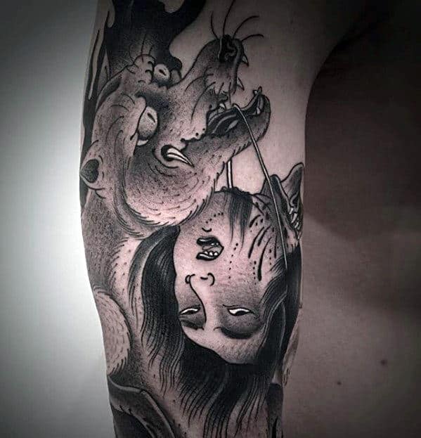 Kitsune Fox With Head By String Guys Arm Tattoo