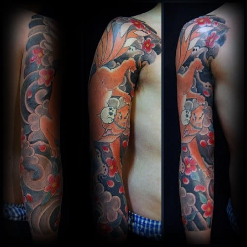 Kitsune Japanese Full Arm Sleeve Tattoo Design Ideas For Men