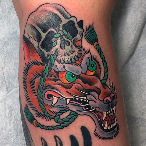 Kitsune Skull Guys Leg Calf Tattoo Designs