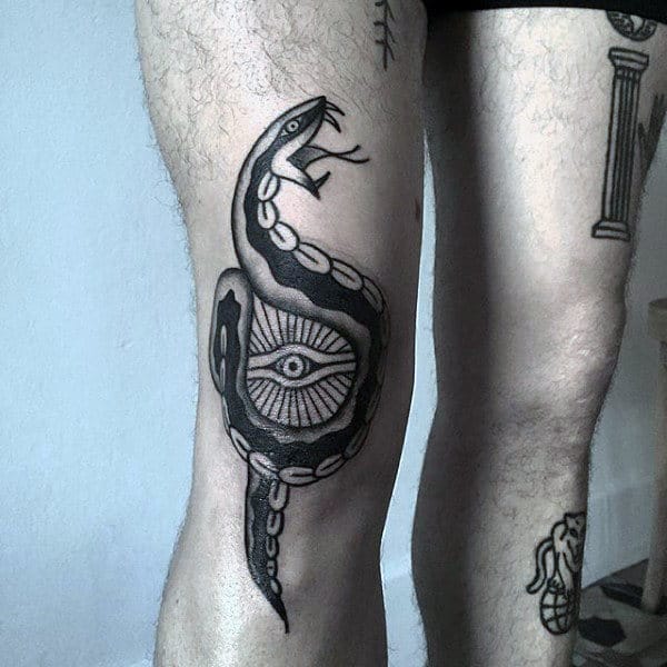 Knee And Leg Mens Traditional Snake With All Seeing Eye Tattoo