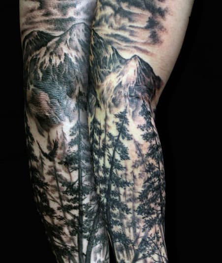 Knee And Legs Mountain And Forest Men's Tattoo