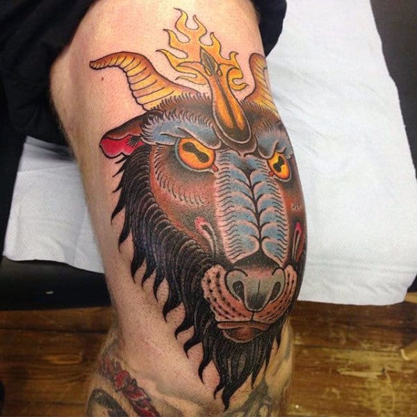Knee And Thigh Baphomet Mens Tattoos