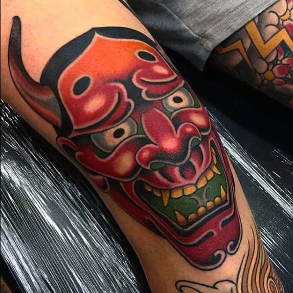 Knee Cap Mens Japanese Demon Hannya Tattoo Design