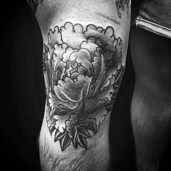 Knee Cap Mens Peony Flower Tattoos