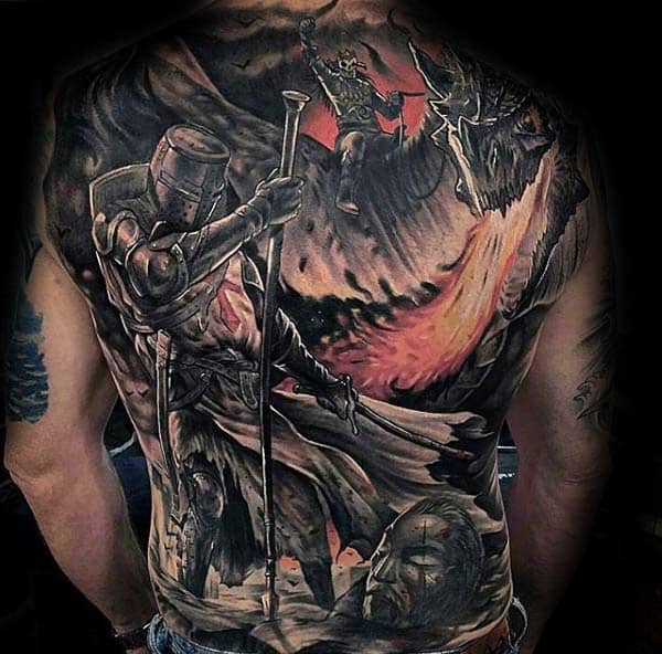 Knight Extreme Guys Battle Scene Full Back Tattoo Design Ideas