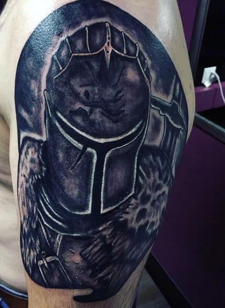 Knight Helmet Tattoo On Mens Arm