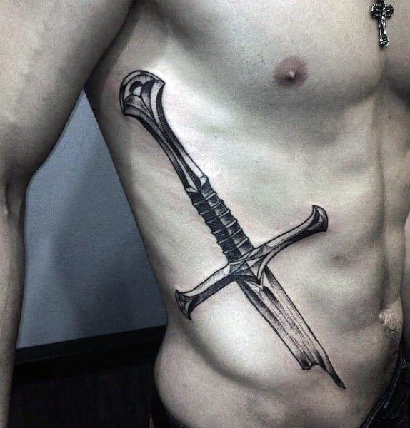 Knight Sword Male Tattoo Designs On Ribs