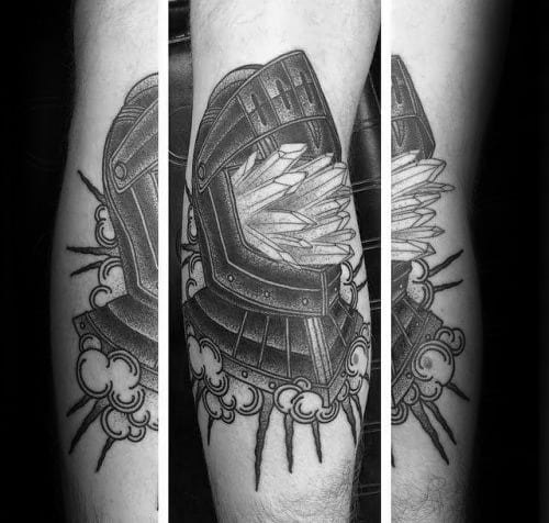 Knights Helmet With Crystals Guys Leg Tattoo