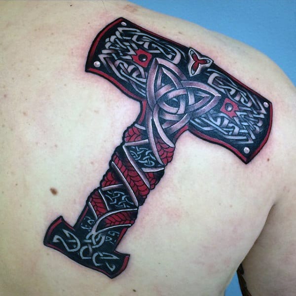 Knots Mjolnir Mens Red And Black Ink Shoulder Back Tattoos