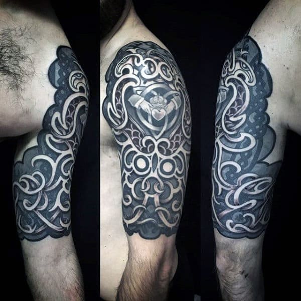 Knots Tribal Arm Half Sleeve Tattoos On Guy With Black Ink Design