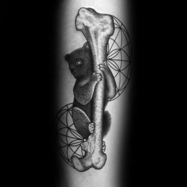 Koala Hugging Bone With Flower Of Life Geometric Pattern Mens Forearm Tattoo