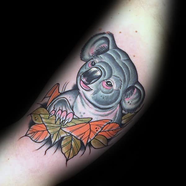 Koala With Green And Orange Leaves Mens Arm Tattos