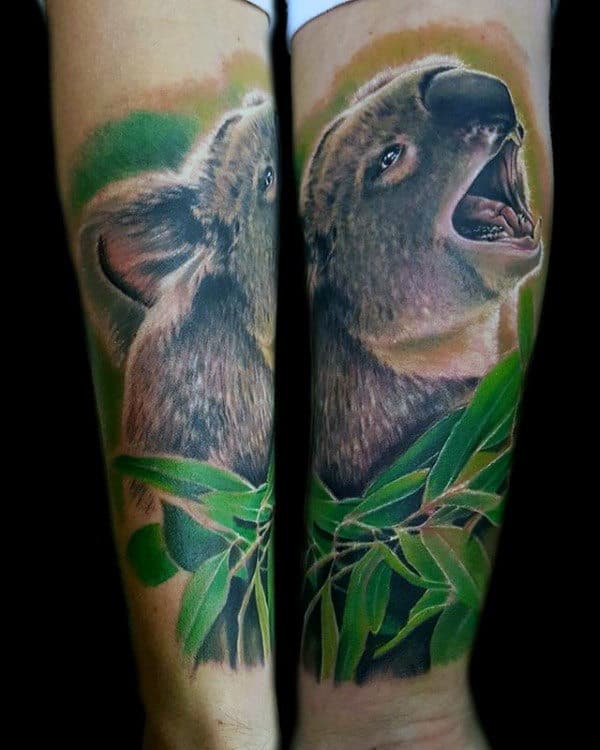 Koala With Green Leaves Mens Forearm Sleeve Tattoo