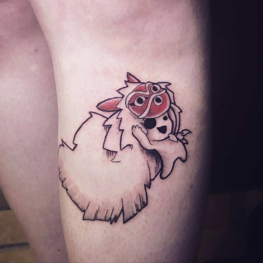 Playful tattoo of San in her wolf mask, holding a small white spirit, with soft shading and a minimalistic style.