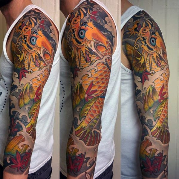 Koi Dragon Japanese Full Sleeve Colorful Tattoo Designs For Men