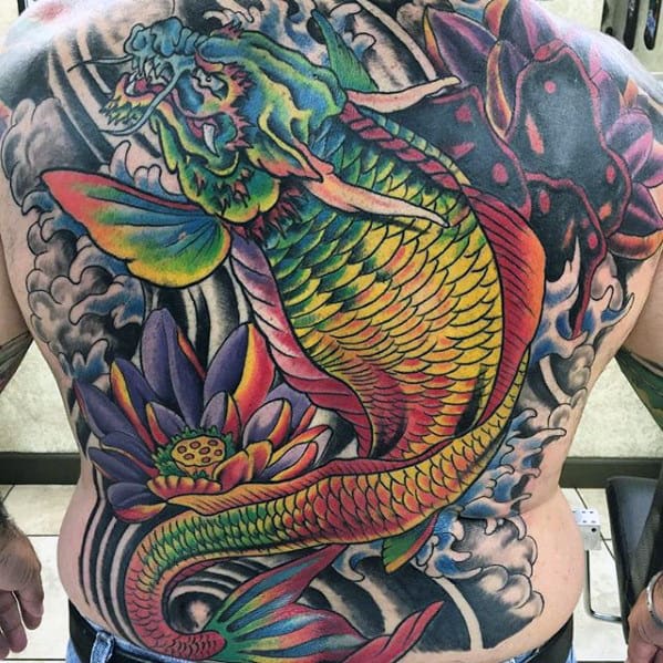 Koi Dragon Mens Full Back Colorful Tattoo Ideas