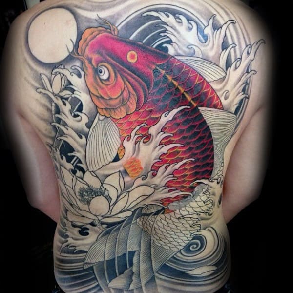 Koi Fish Chinese Guys Full Back Tattoos
