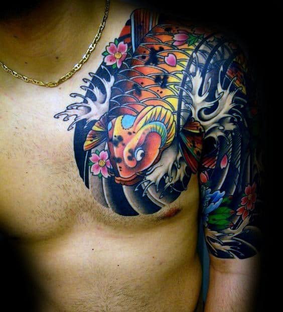 Japanese-style half-sleeve and chest tattoo featuring a vibrant orange koi fish, crashing waves, pink cherry blossoms, and intricate shading