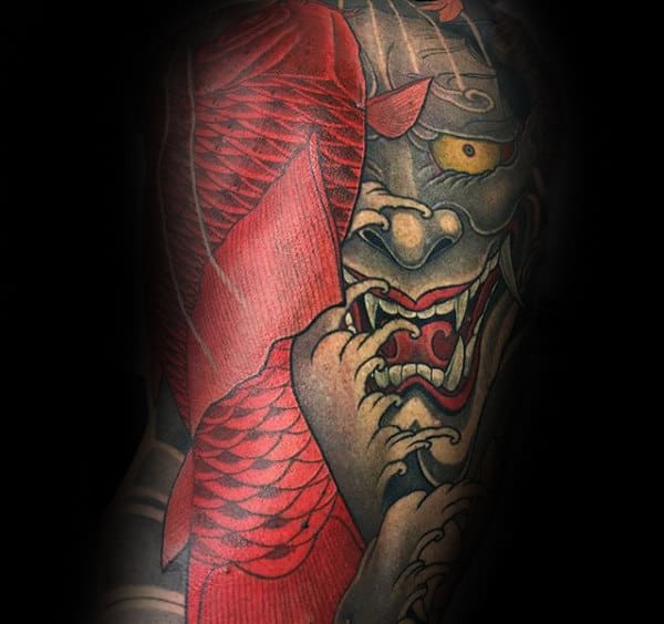 Koi Fish Hannya Mask Mens Full Back Tattoos