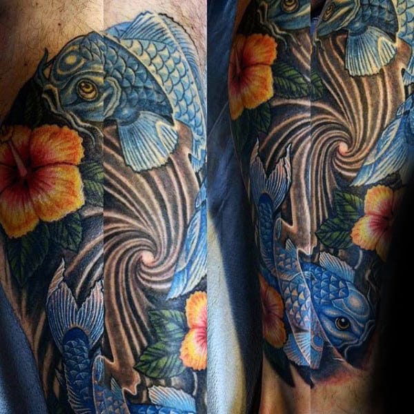 Koi Fish Mens Hibiscus Arm Tattoo
