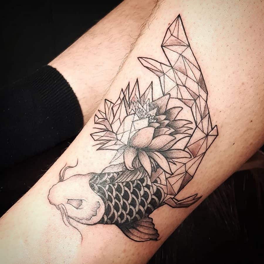 Leg tattoo of a koi fish blending realism with geometric elements, featuring a lotus flower and angular tail for a modern artistic look.