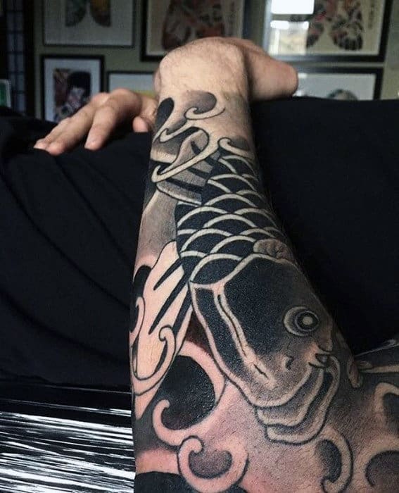 Koi Fish Outer Forearm Sleeve Japanese Wave Mens Tattoos