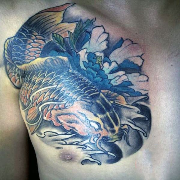 Koi Fish Peony Upper Chest Tattoo On Male
