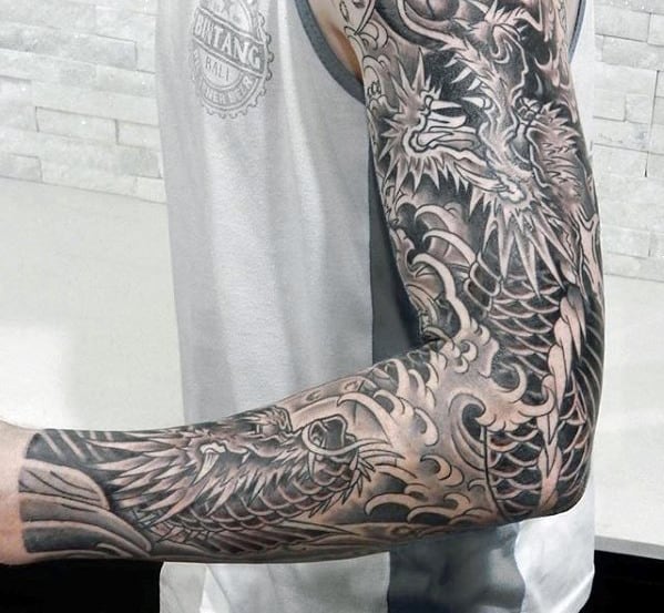 Koi Fish With Dragon Guys Sleeve Arm Japanese Tattoo Designs