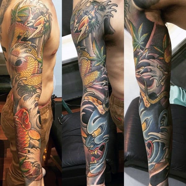 Koi Fish With Hannya Mask Mens Japanese Tattoo Sleeve Ideas