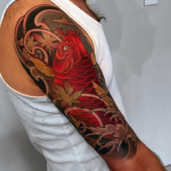 Koi Fish With Leaves Guys Half Sleeve Japanese Tattoos